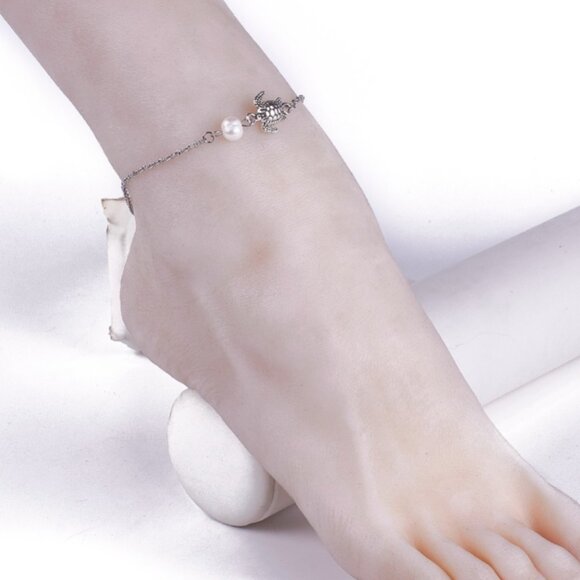 NWOT - Sweet handmade Anklet Sea turtle W natural Pearl & Aquamarine Cruise wear - Picture 3 of 5